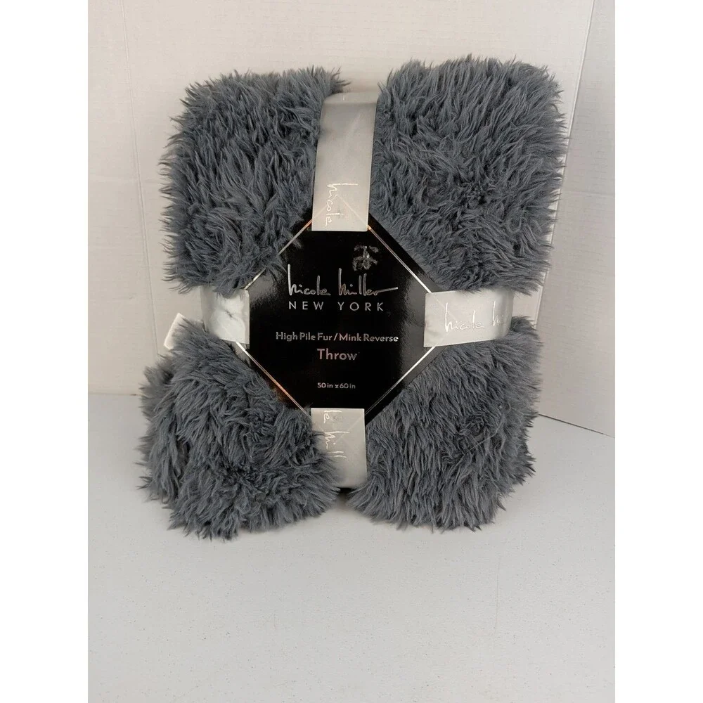 Nicole Miller Faux High Pile  Fur Throw 50” by 60 Gray NWT